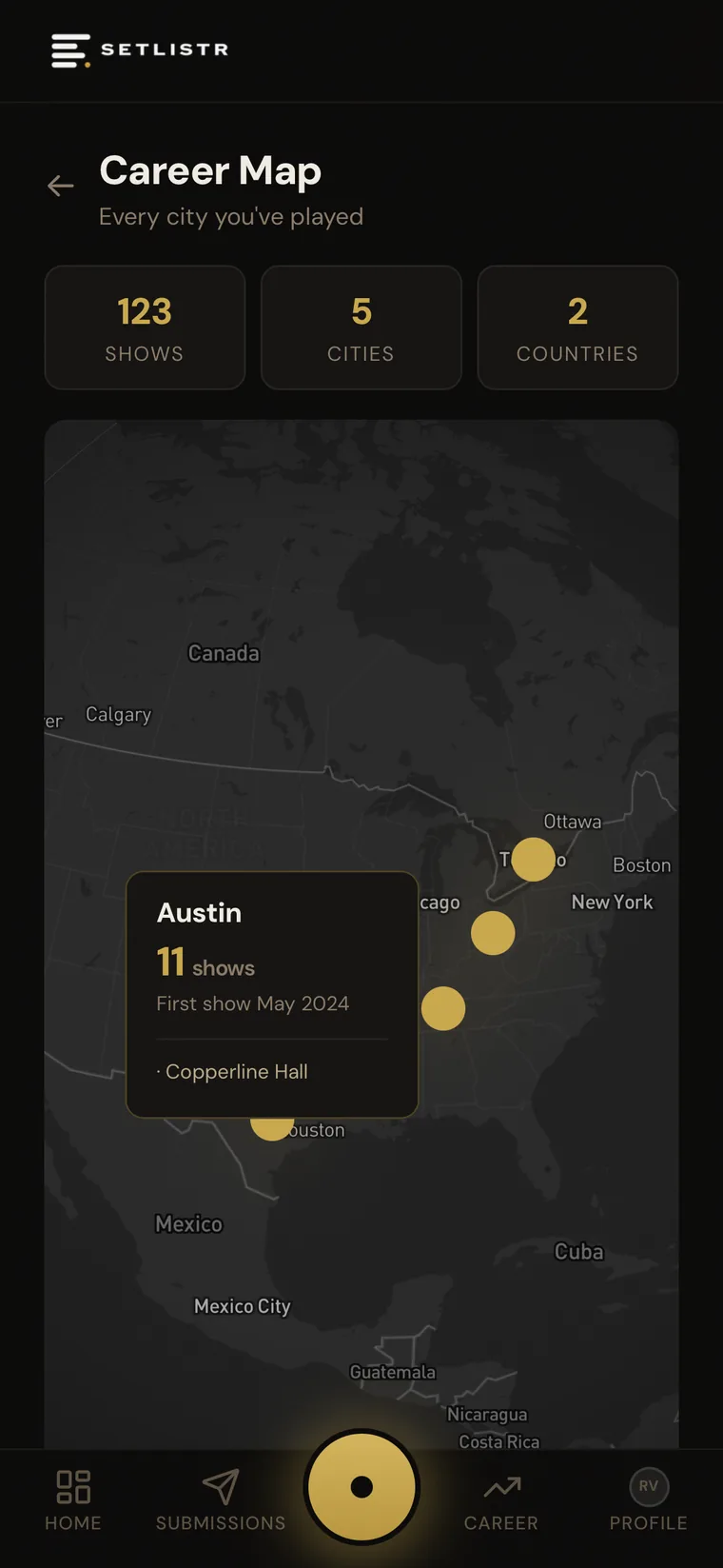 Setlistr career map showing verified shows across multiple cities