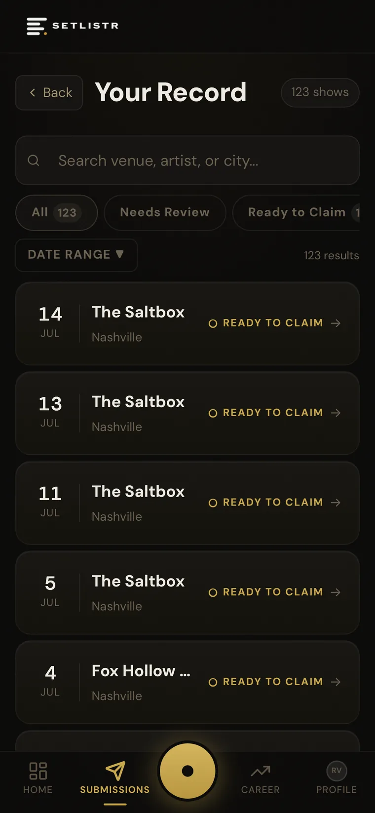Setlistr submissions screen showing verified shows ready to claim