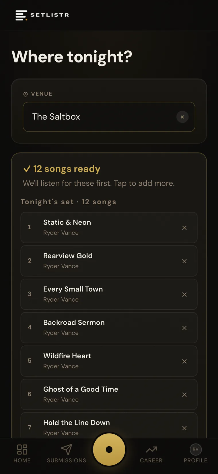 Setlistr planned setlist screen showing twelve songs ready before a show