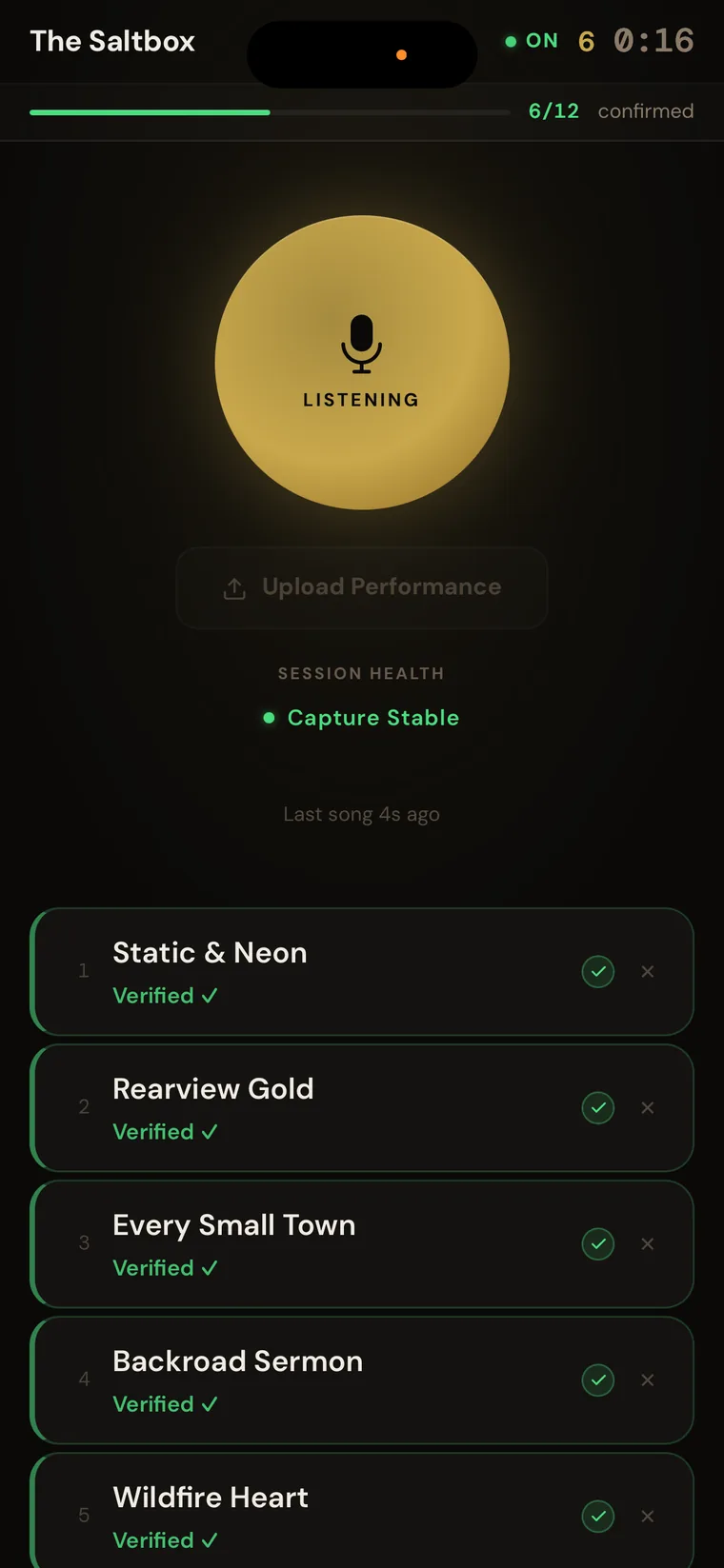 Setlistr live capture screen showing real-time song recognition during a performance