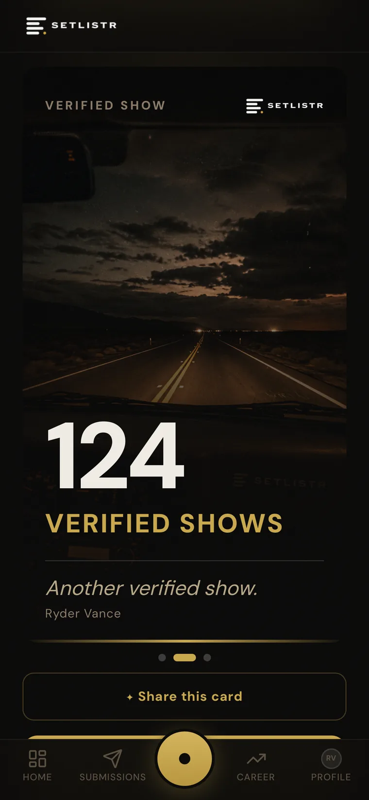 Setlistr verified show share card showing one hundred twenty four verified shows